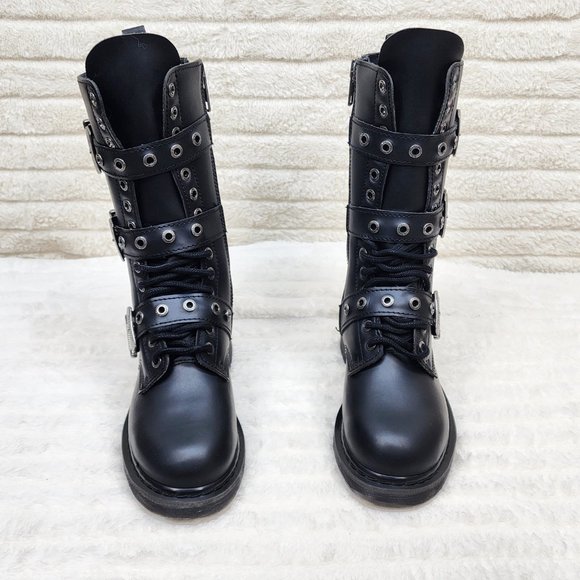 Goth Combat Biker Boots Black Matte Lightning Bolt Tread Bolt 330 - Picture 3 of 14